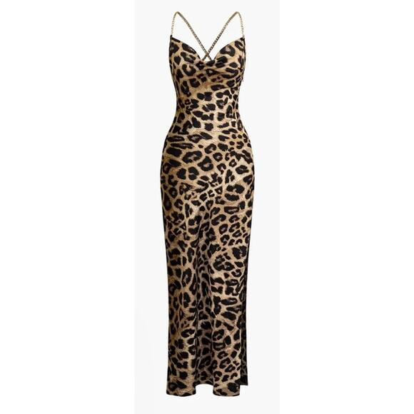 Micas Leopard Cross Gold Chain Cowl Beck Slit Slip Maxi Dress in Medium - Picture 4 of 7